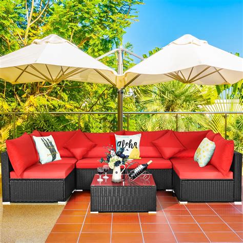 Costway 7PCS Patio Rattan Sofa Set Sectional Conversation Furniture Set Garden BeigeNavy ...