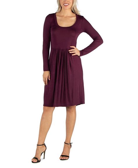 24seven Comfort Apparel Womens Knee Length Pleated Long Sleeve Dress