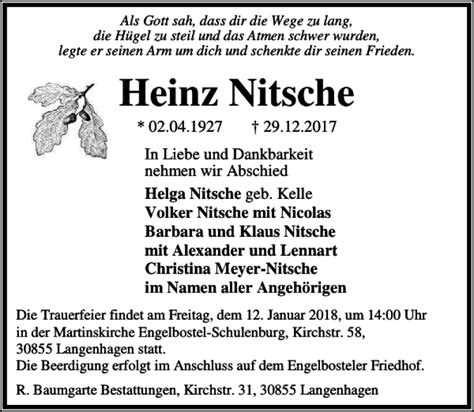 Traueranzeigen Von Heinz Nitsche Trauer Anzeigen De