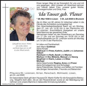 Traueranzeigen Von Ida Tasser Trauer Bz