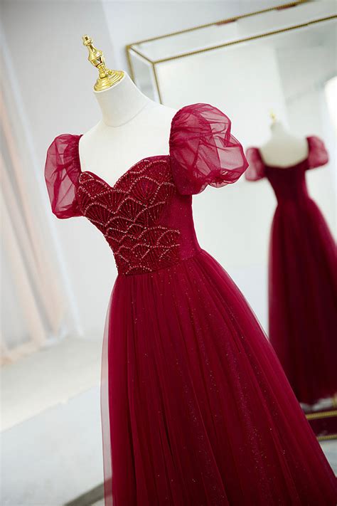 Burgundy Tulle Beaded Long Prom Dress A Line Short Sleeve Evening Dre