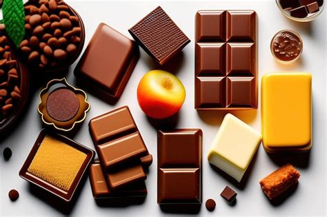 Un Fondo Blanco Con Diferentes Barras De Chocolate Y Frutas Foto Premium