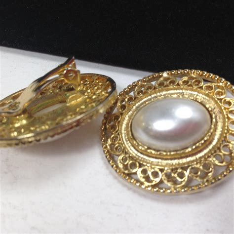 Vintage Gold Clip On Earrings With Faux Pearl Depop