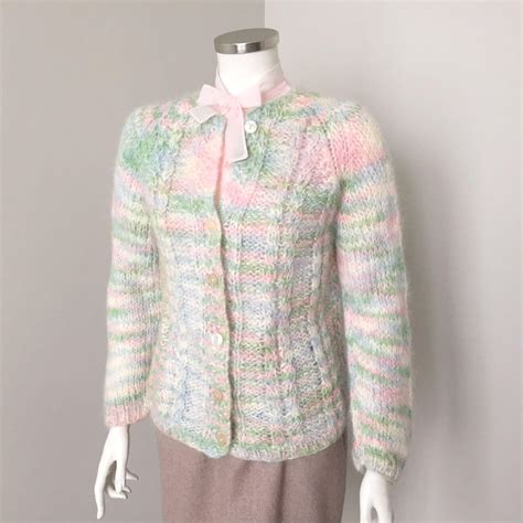 Vintage 1960s Italian Mohair Cardigan Sweater Pastels Blue Pink Aqua