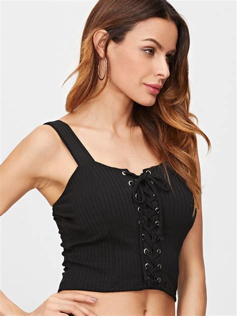 Black Lace Up Front Ribbed Crop Cami Topfor Women Romwe