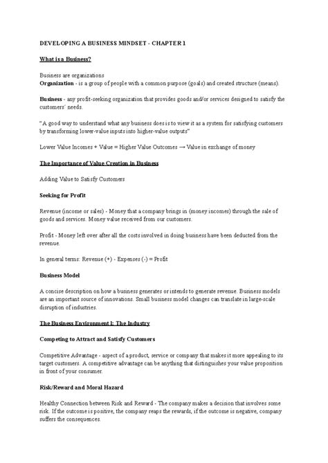 Management - Chapter 1 - DEVELOPING A BUSINESS MINDSET - CHAPTER 1 What