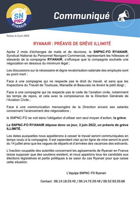 PNC Ryanair en grève illimitée SNPNC FO