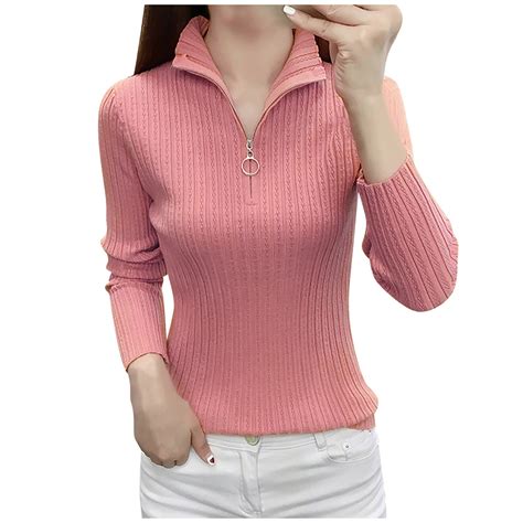 Wotryit Womens Zipper V Neck Knit Long Sleeve Slim Fit Solid Color