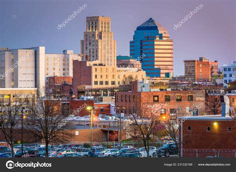 Durham North Carolina Usa Downtown Skyline Twilight Stock Photo