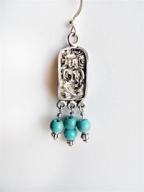 Mayan Earrings Silver Boho Engraved Earrings For Woman Blue Etsy