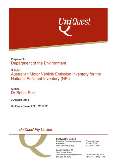 Pdf Australian Motor Vehicle Emission Inventory For The National