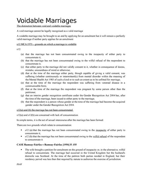 Voidable Marriages Lecture Notes 5 Voidable Marriages The Distinction Between Void And