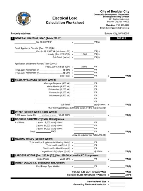 Residential Electrical Load Requirements Calculations Spreadsheet