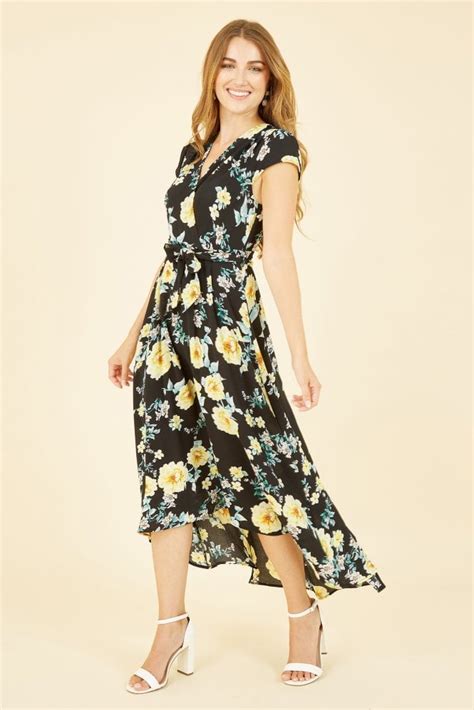 Mela Black Floral Print Dipped Hem Midi Wrap Dress Mela