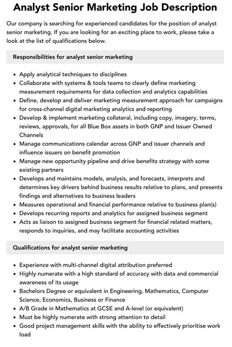 Analyst Senior Marketing Job Description Velvet Jobs