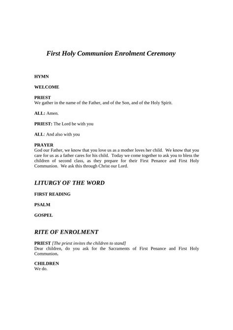 PDF First Holy Communion Enrolment Ceremony Diocese Of