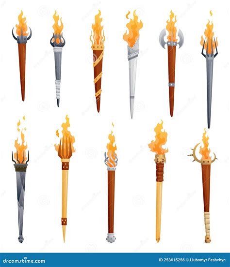 Medieval Torches With Burning Fire Set Ancient Realistic Metal And