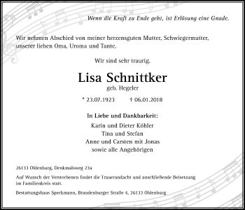 Traueranzeigen Von Lisa Schnittker Nordwest Trauer De