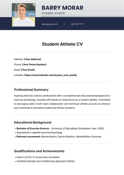 Free Student Athlete CV Template to Edit Online