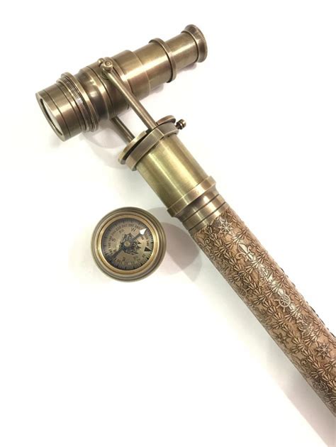 Vintage Telescope Walking Stick Leather Engraved Cane Gem