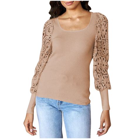 Blvb Womens Fall Spring Shirts Crewneck Ribbed Lace Long Sleeve Tunic