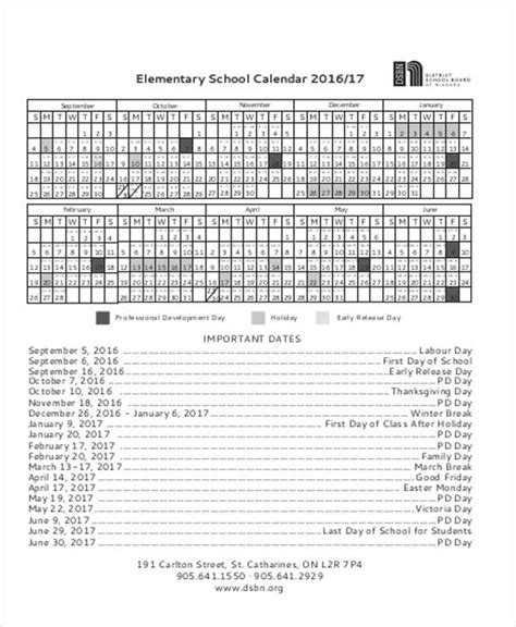 Sample School Year Calendar