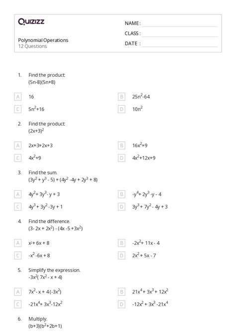 Polynomial Operations Worksheets For Th Grade On Quizizz Free