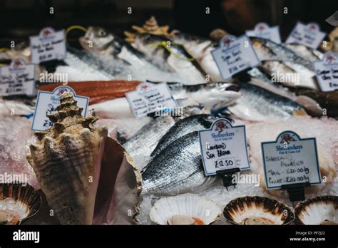 London Uk July Fresh Fish On Sale At A Fishmonger Stall In