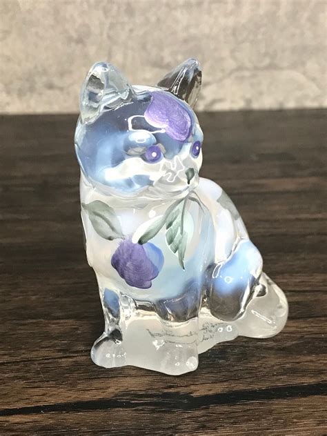 Vintage Fenton Handblown Opalescent White Clear Glass Cat Etsy