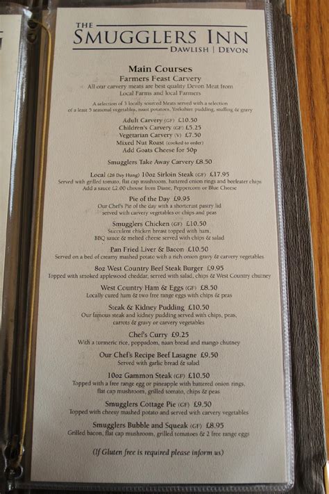 Menu At The Smugglers Inn Pub And Bar Dawlish