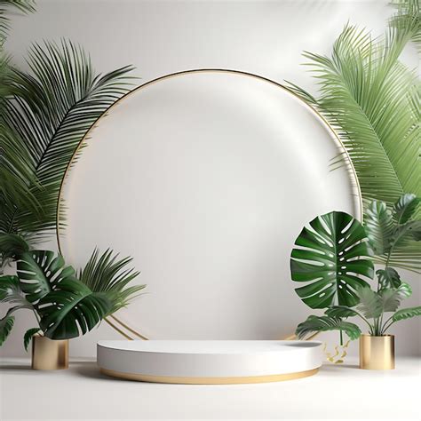 White Product Podium With Green Tropical Palm Leaves And Golden Round