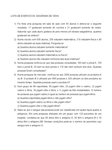 Lista De Exercícios Diagrama De Venn Pdf - Exercícios Resolvidos: Diagrama de Venn | PDF | Esportes | Lazer