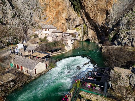 Aerial Drone View Of Tekija In Blagaj In Bih The Tekija Dervish House