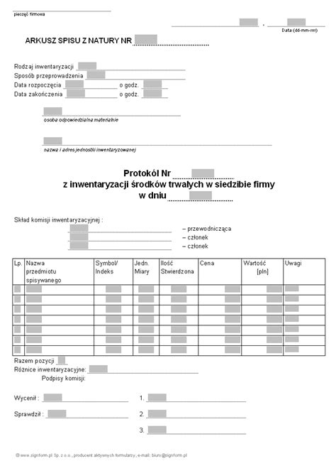 Protokół z inwentaryzacji środków trwałych Arkusz spisu z natury