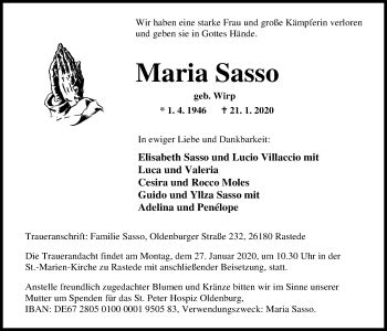 Traueranzeigen Von Maria Sasso Nordwest Trauer De