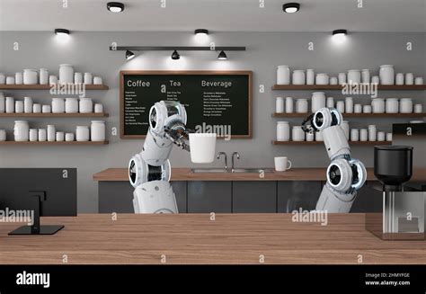 Automation Cafe Or Coffee Shop Concept With 3d Rendering Robotic