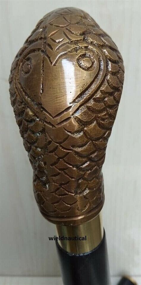 Antique Brass Snake Head Handle Style Victorian Woode Gem