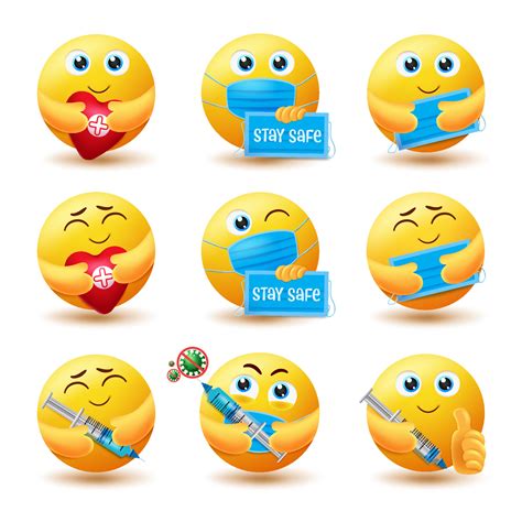 Covid 19 Emoji Vektorsatz Emojis 3D Emoticon Charaktere In Gesunden