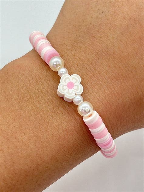 Pink Heishi Bracelet Pink And White Clay Bead Spring Preppy Pearl Flower Bead Summer Coquette Etsy