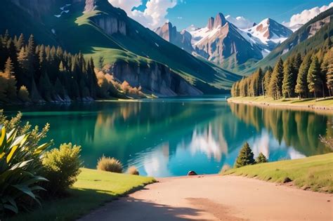 Premium AI Image | A lake in the mountains wallpaper mural