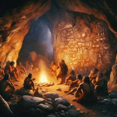 Premium Photo Primitive People Sitting Around A Fire In A Cave On The