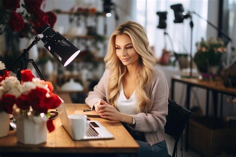 Premium Photo Photo Pretty Blonde Influencer Testing New Products On The Camera