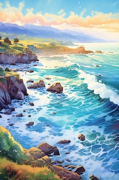 Premium Photo | Painting of a beautiful ocean scene with a cliff and a ...