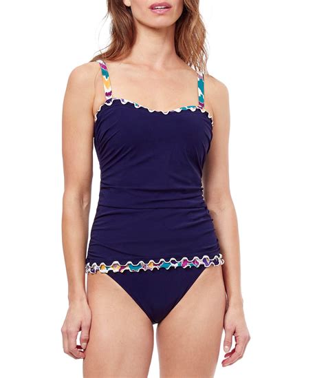 Profile By Gottex Echo Bra Sized D Cup Contrast Lattice Edge Tummy Control Tankini Swim Top