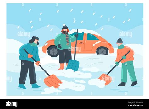 Cartoon family with shovels clearing snow from car Stock Vector Image ...