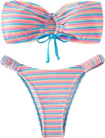 Amazon SHENHE Women S Piece Striped Drawstring Bandeau Bikini