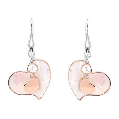 Boucles d oreilles pendantes argent rhodié coeur et nacre Ref 46884