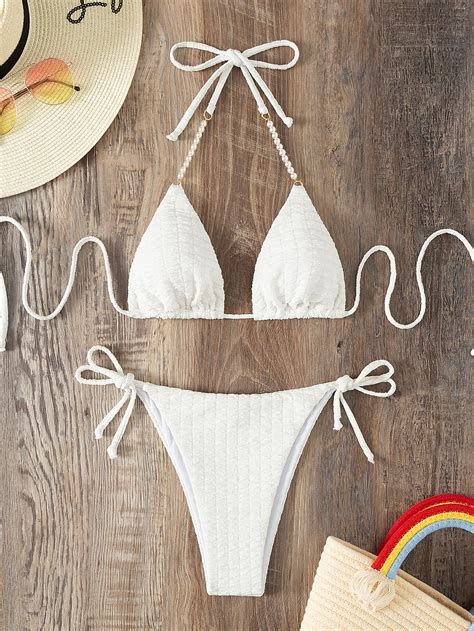 Bañador bikini con diseño de perla halter triángulo con cordón lateral