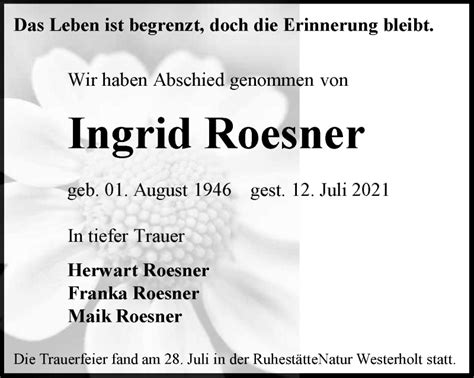 Traueranzeigen Von Ingrid Roesner Trauer In NRW De