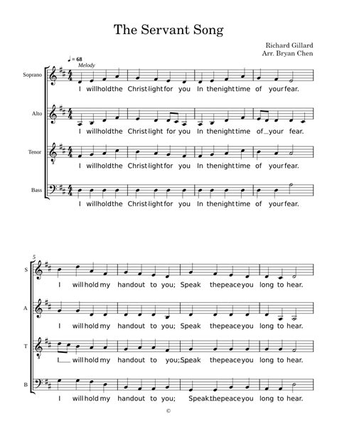 The Servant Song Sheet Music For Piano Bass Guitar Satb